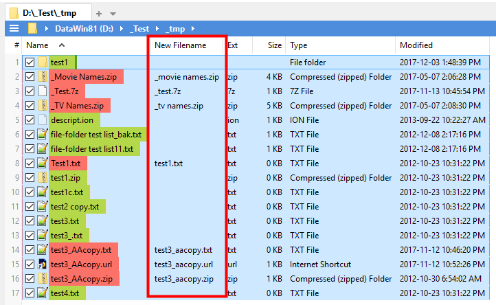 Column added, Red/Green highlighting added, after running Lowercase example