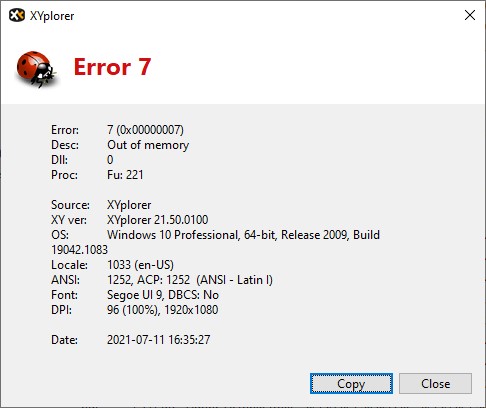 Screenshot of error message