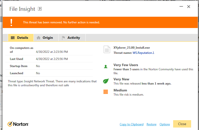 XYPlorer Pro Norton 360 Flag Screenshot 23_00 Installation File Flagged as Threat by Norton - Threat name WS.Reputation (Screenshot).png