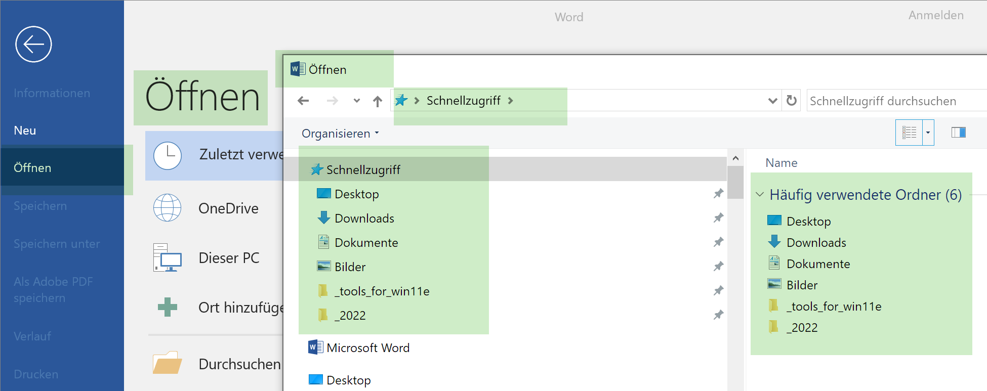 Word Open file dialog with Windows Quick Access