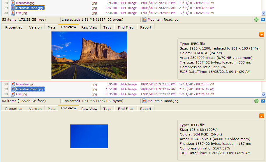 Top: Preview of the image<br />Bottom: Preview showing top left corner of the image after MDBU