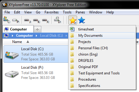 Favorite Folders toolbar button menu.
