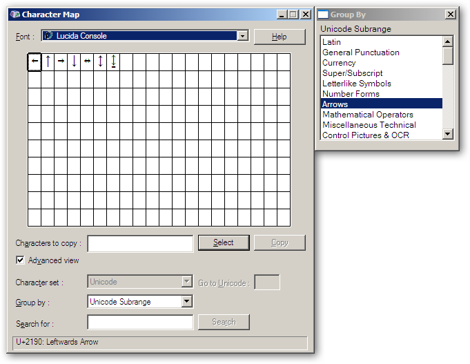Finding unicode chars table using charmap
