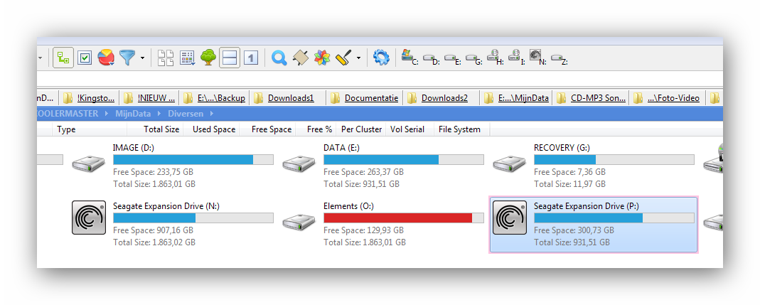 screen print showing 2 active external disks that are not shown in toolbar (i.e. no auto-refresh)