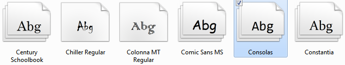Windows 7 WE font thumbnails.
