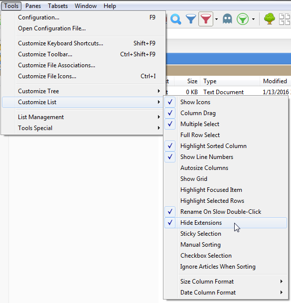 [i]Tools &gt; Customize List &gt; Hide Extensions[/i]