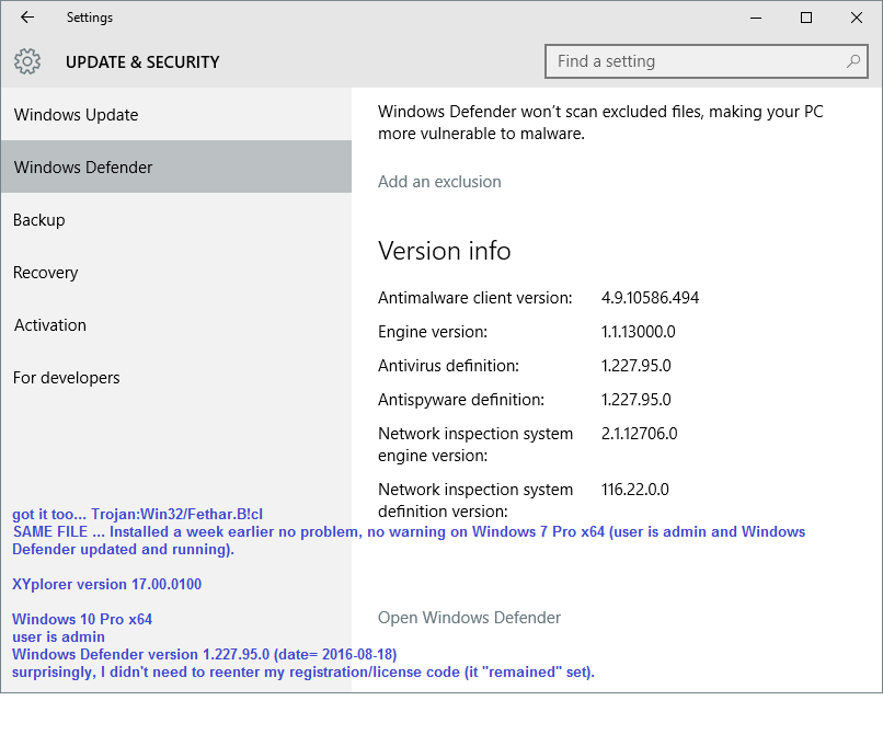 Windows Defender version and settings